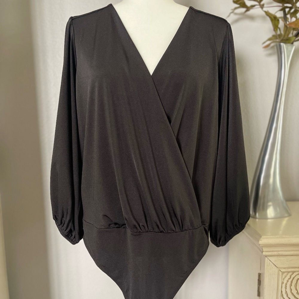 Express Black Long-Sleeve Wrap Bodysuit